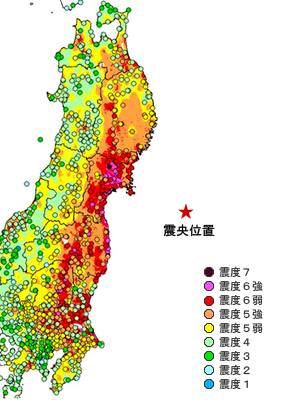東日本大震災における各地の震度分布