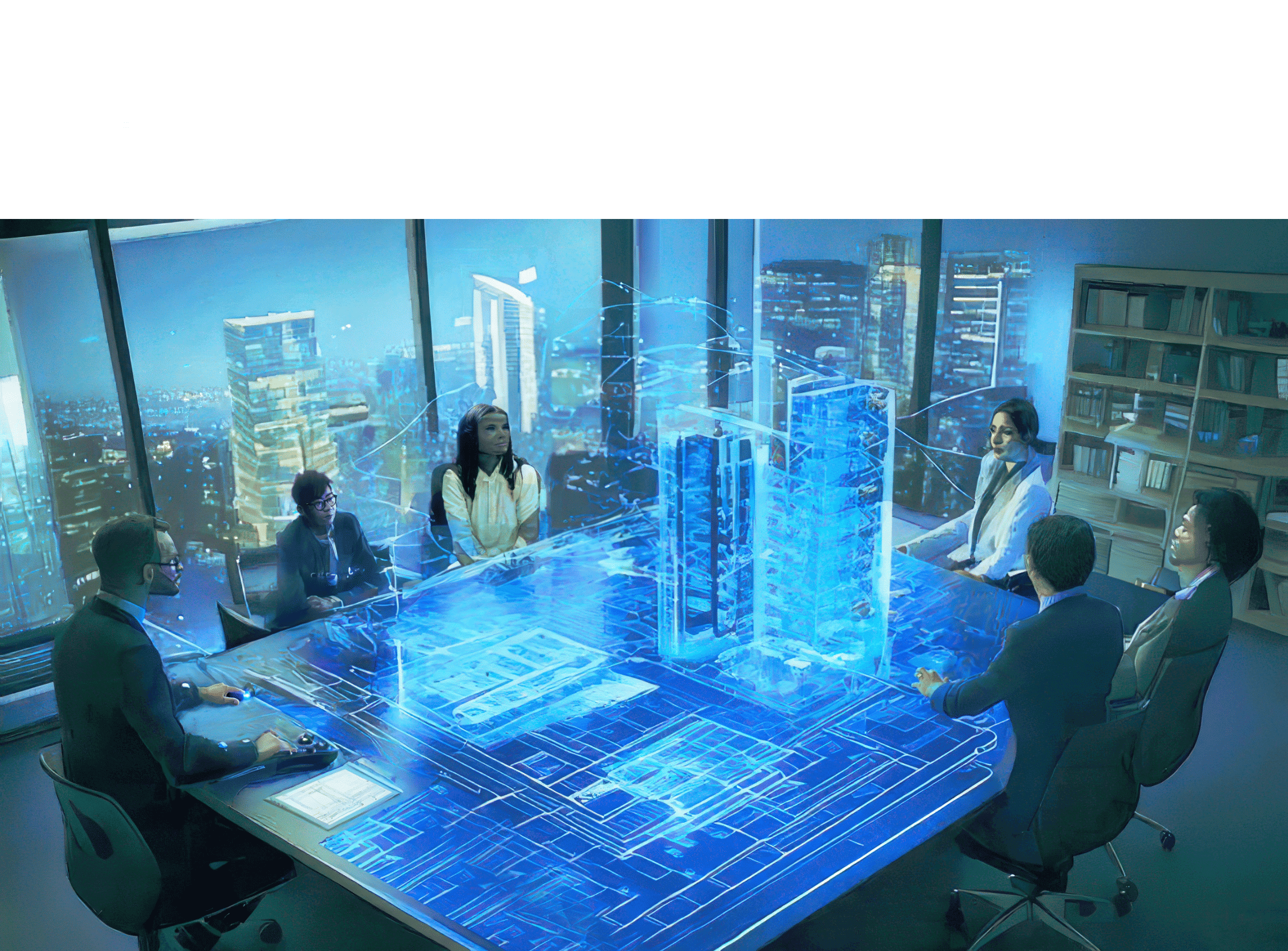 01 仮想空間を介したボーダーレスな事業展開 国境や人種、言語を超えたボーダーレスなデジタル空間で、３Dホログラムによりまちづくりが検討されている。