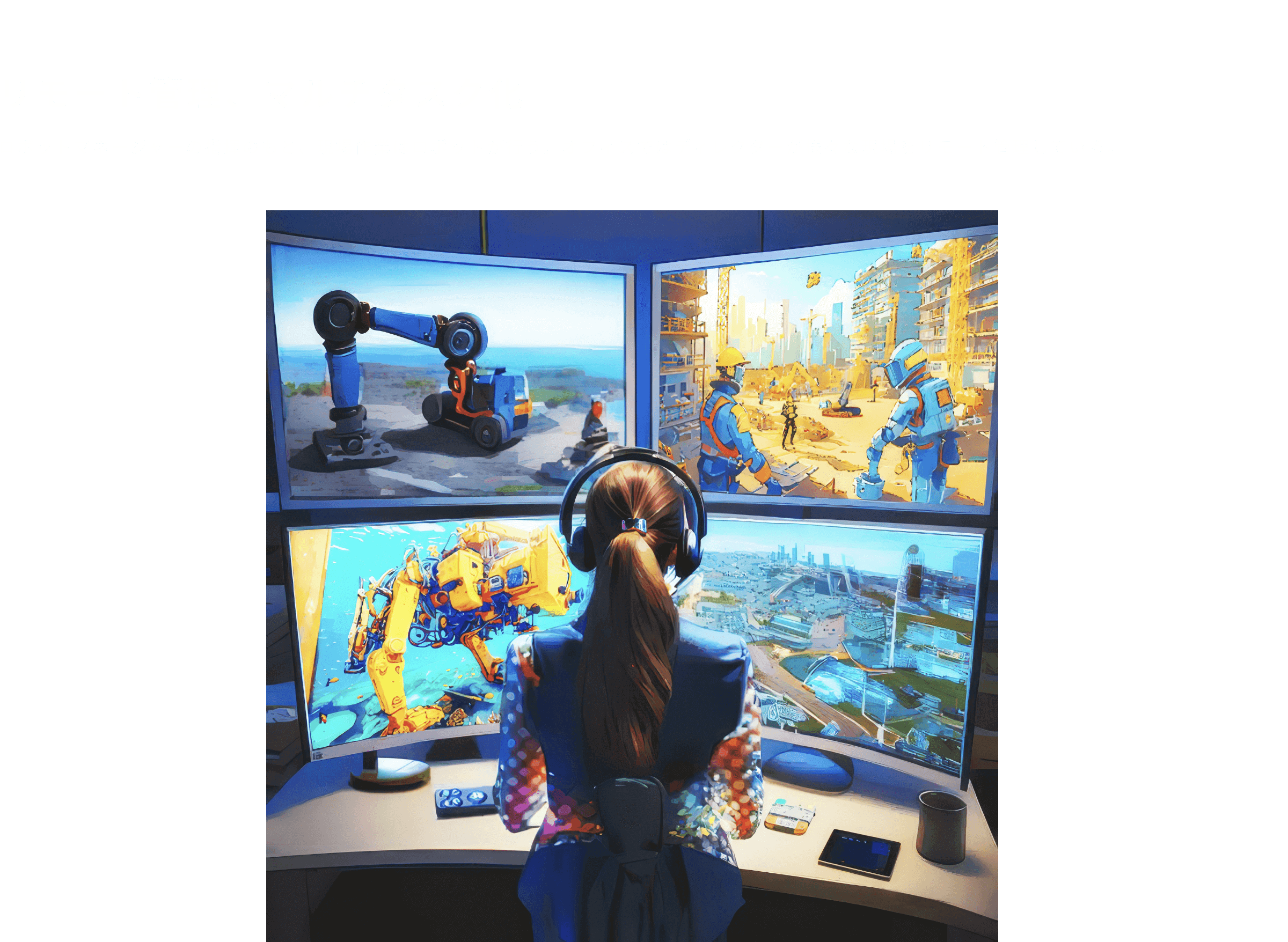 03 リモート管理、マルチタスク化 ロボットマネージャーの指揮のもと、現場作業はロボットが行う。オフィスではディレクターが様々な現場をリモート管理している。