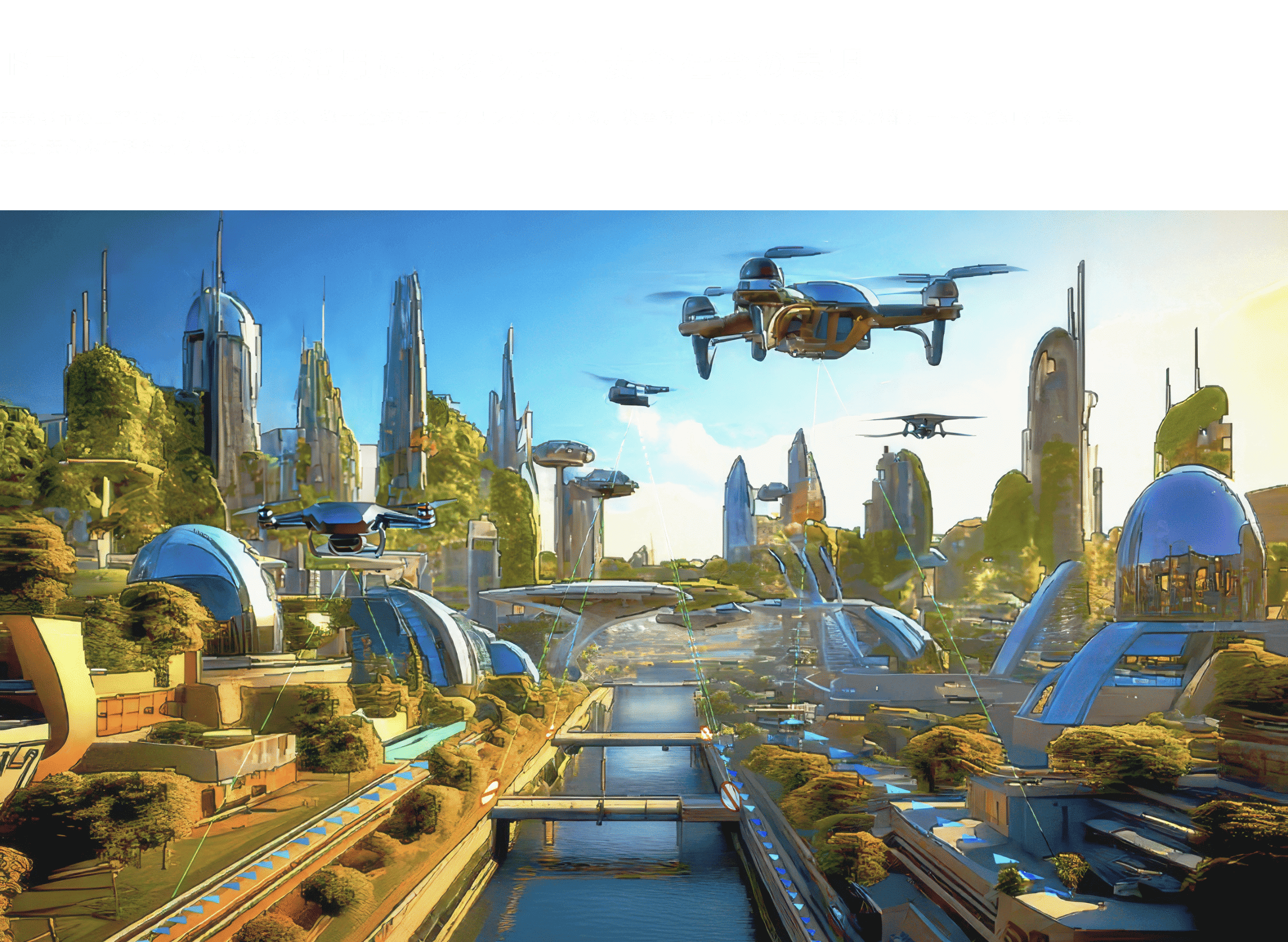 06 ドローン、AI等の活用による快適・安全社会の実現 未来都市の上空にはドローンが飛び、都市全体をモニタリングしている。災害発生時には住民の最適な避難ルートを通知する等、安全•安心な生活を支えている。